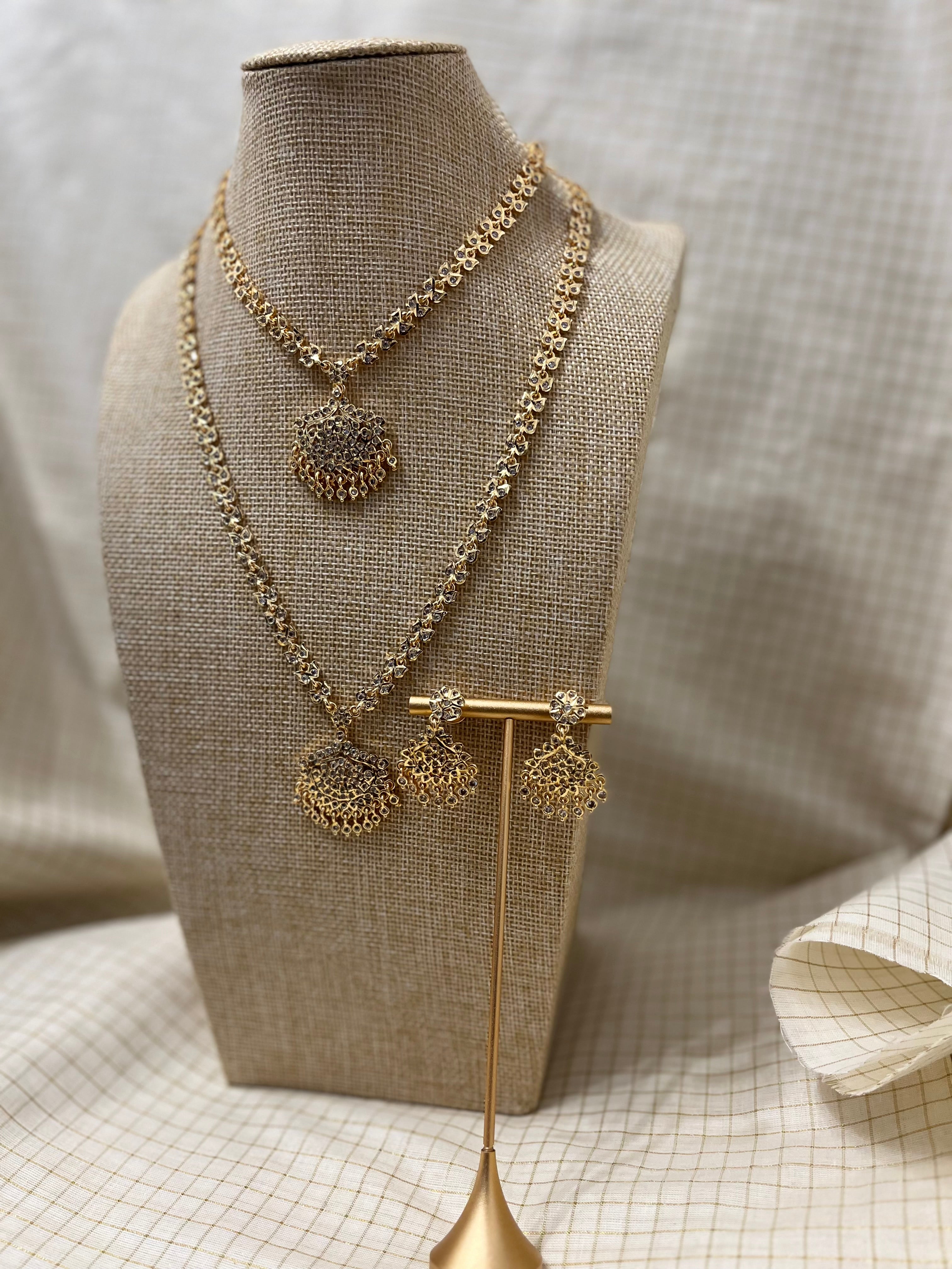 Impon Gold-Plated Necklace & Earring Set with White American Diamond Stones