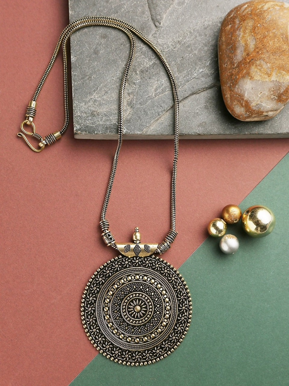 Chakra Pendant Necklace – Antique Gold Tone Brass Statement Chain | Boho Ethnic Jewelry from Jaipur
