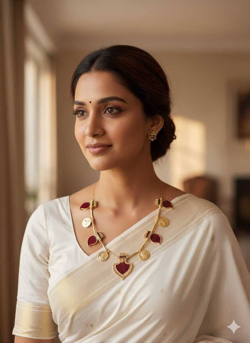Traditional Gold-Plated Necklace with Red Stone Accents Palakka Jewellery