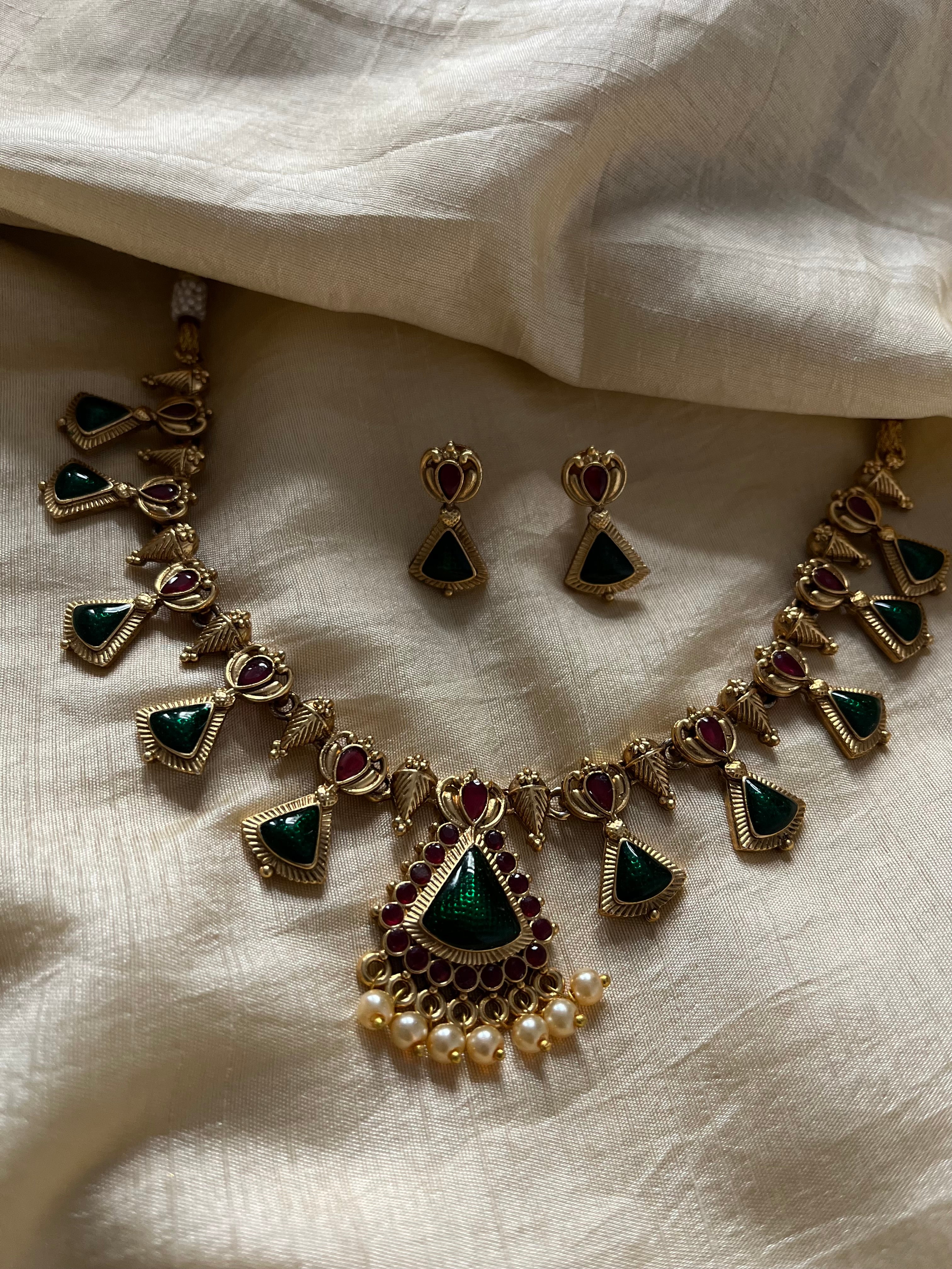 Traditional Gold-Toned Ruby & Emerald Kemp Stone Necklace Set with Pearl Drops - South Indian Temple Jewelry