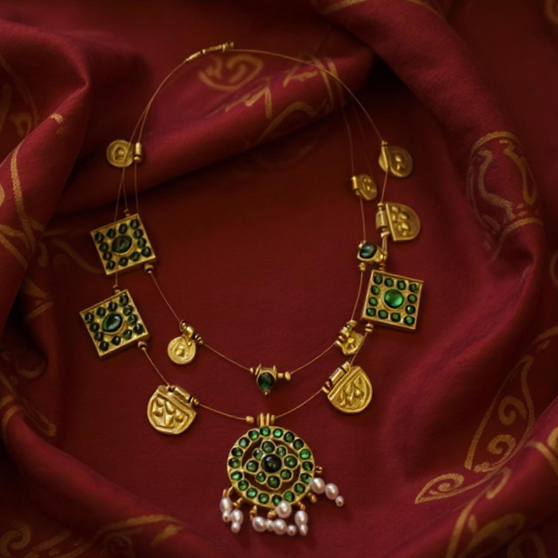 Heritage Green Kemp Stone & Gold Coin Necklace with Pearl Drops