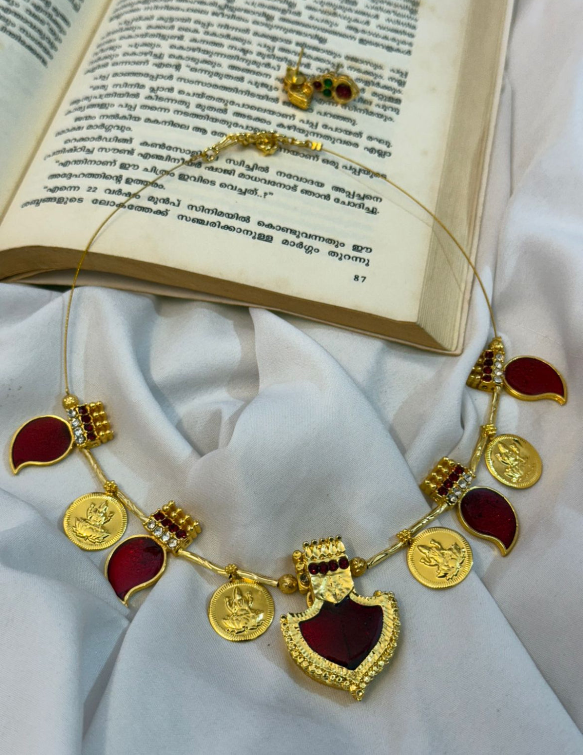 Traditional Gold-Plated Necklace with Red Stone Accents Palakka Jewellery