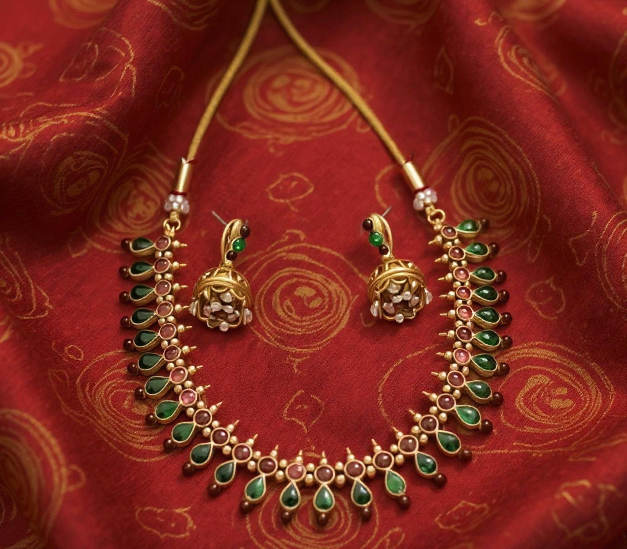 Traditional Palakka Necklace Set with Earrings – Green & Ruby Stone Design