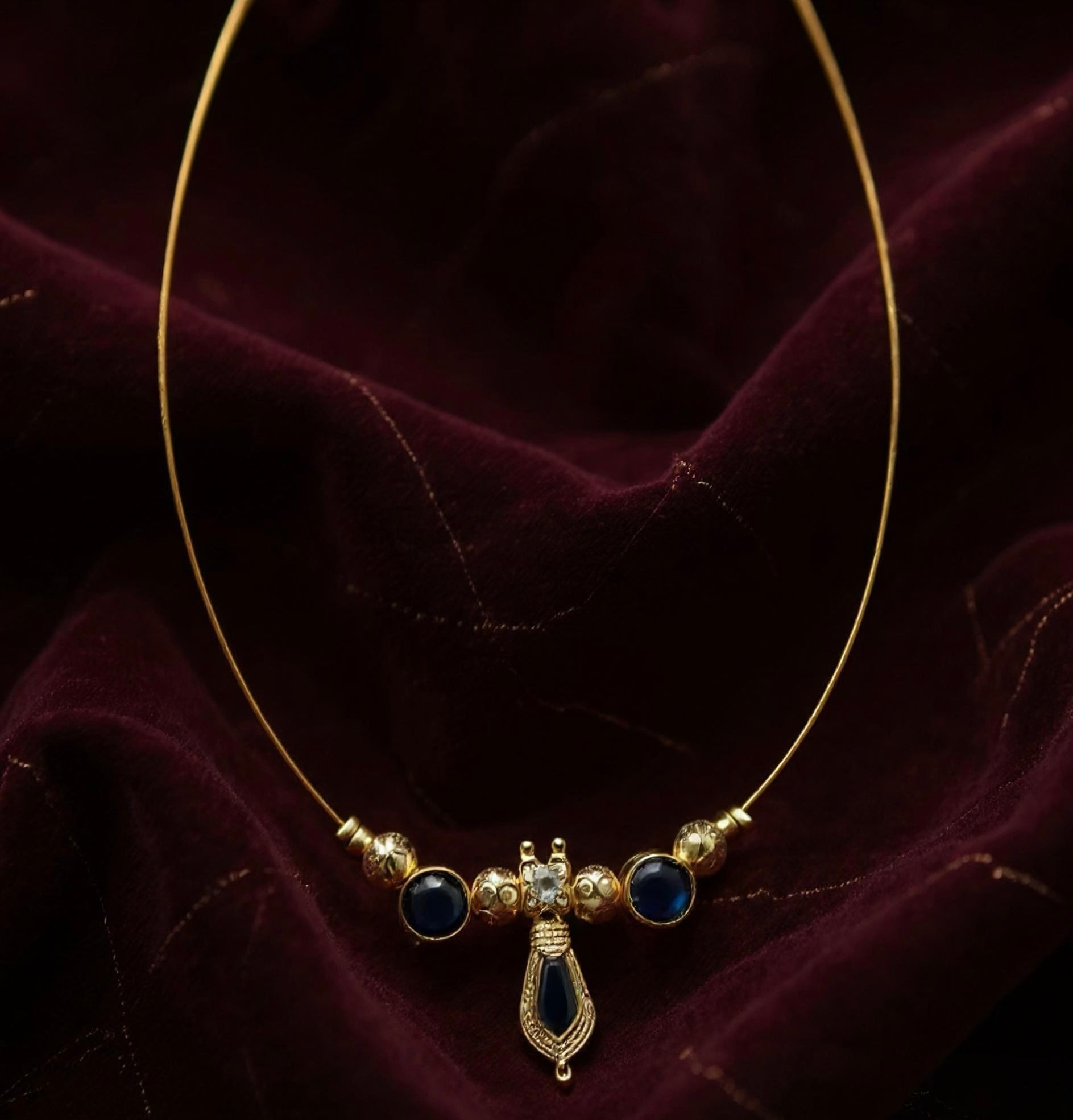 Traditional Naga Patham Necklace - Kerala invisible Necklace Jewelry with Blue and white stone