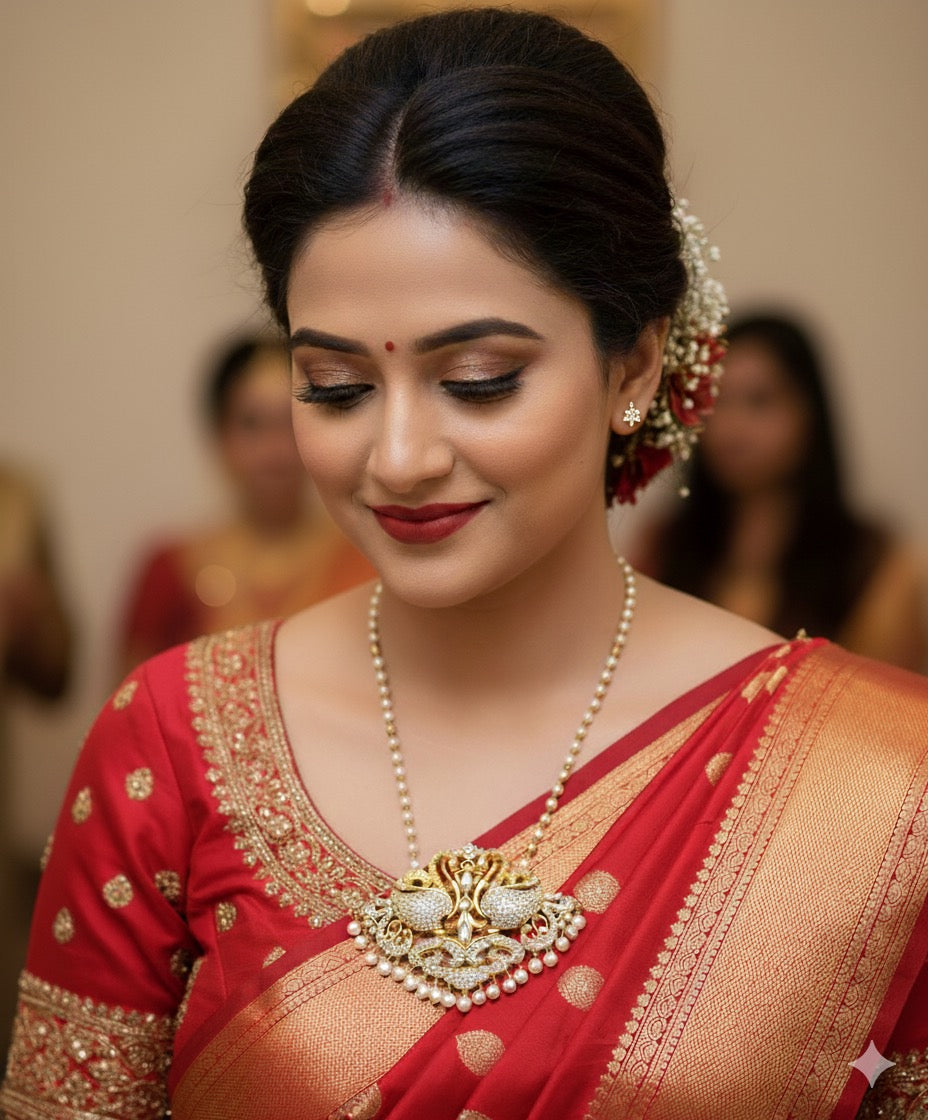 Traditional Sri Lankan Anna Pathakkam Necklace with Pearl (Muthu) Chain – Handcrafted Bridal Impon Jewelry