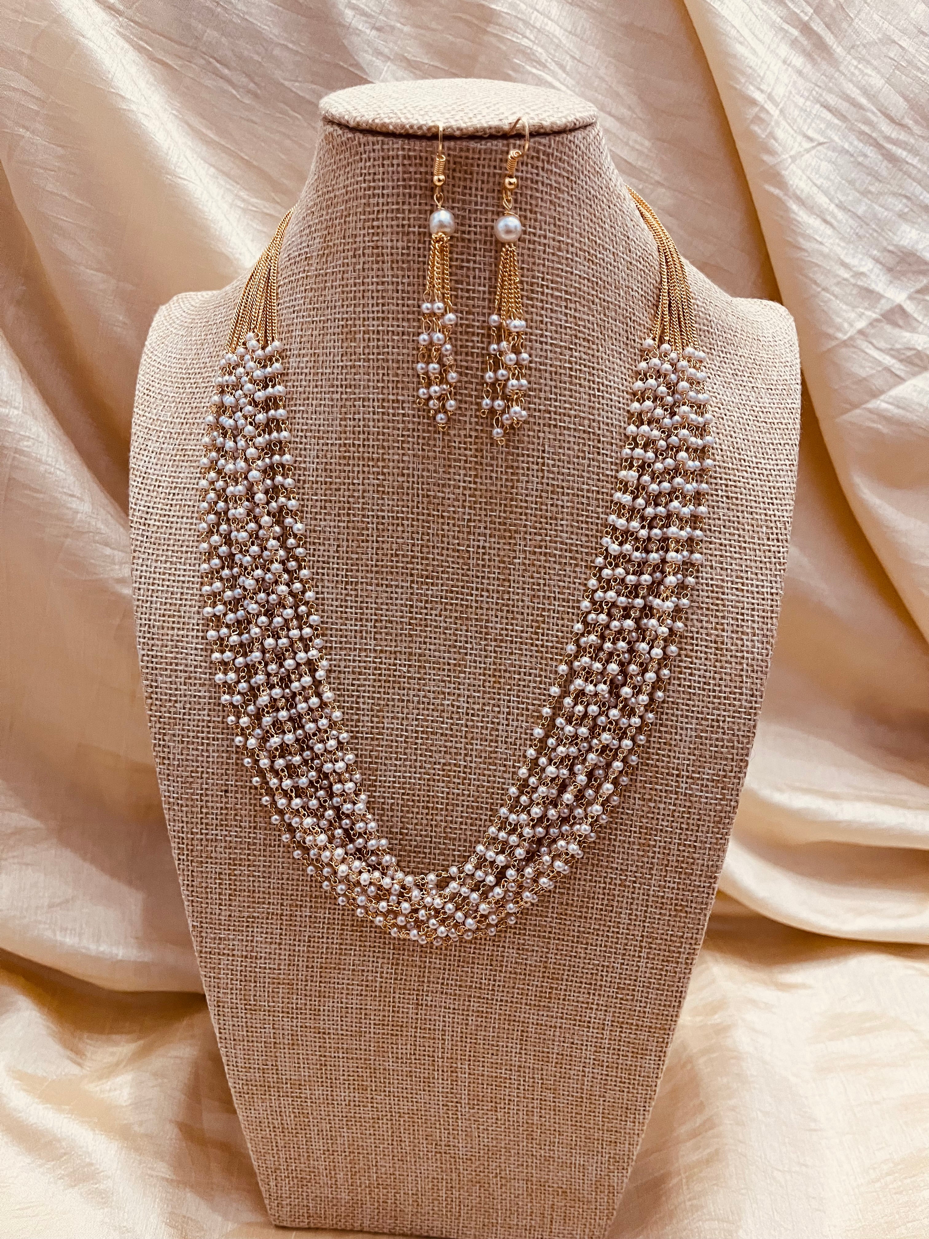 Opulent Gold & Pearl Multi-Strand Cascade Necklace Set