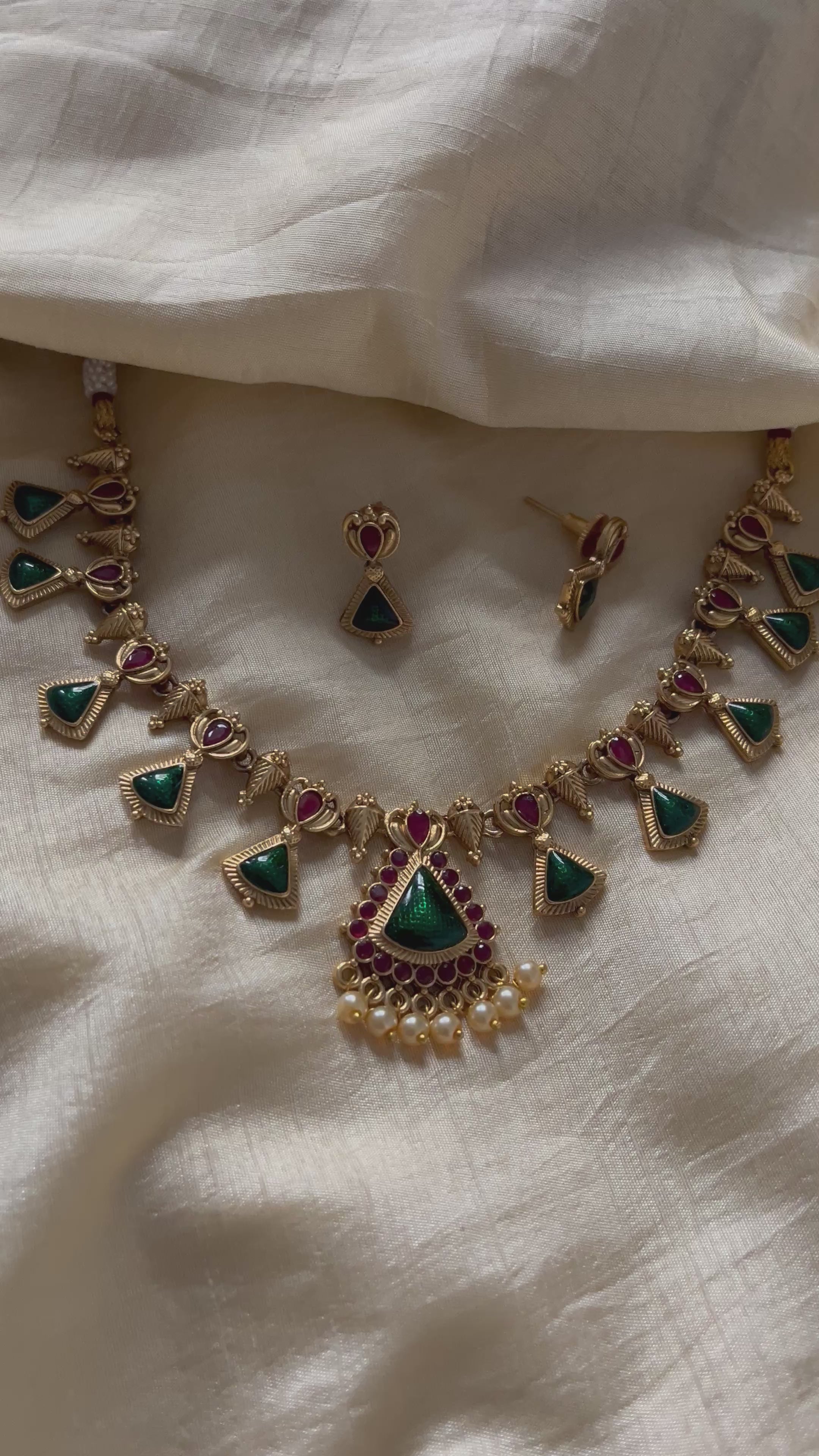 Traditional Gold-Toned Ruby & Emerald Kemp Stone Necklace Set with Pearl Drops - South Indian Temple Jewelry