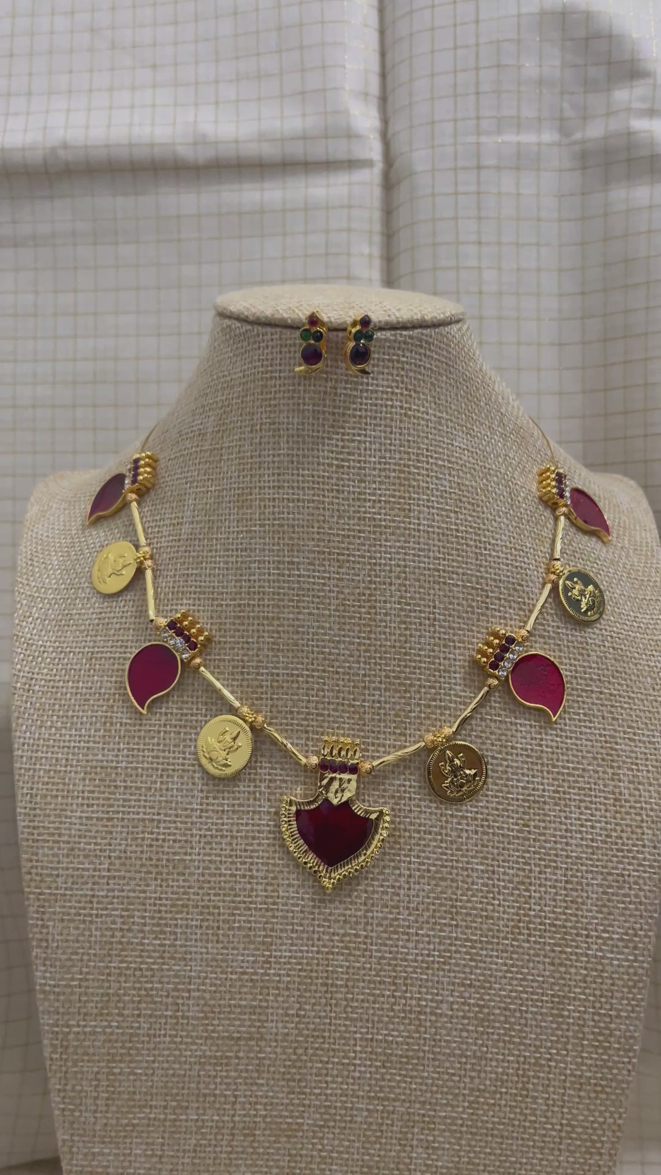 Traditional Gold-Plated Necklace with Red Stone Accents Palakka Jewellery