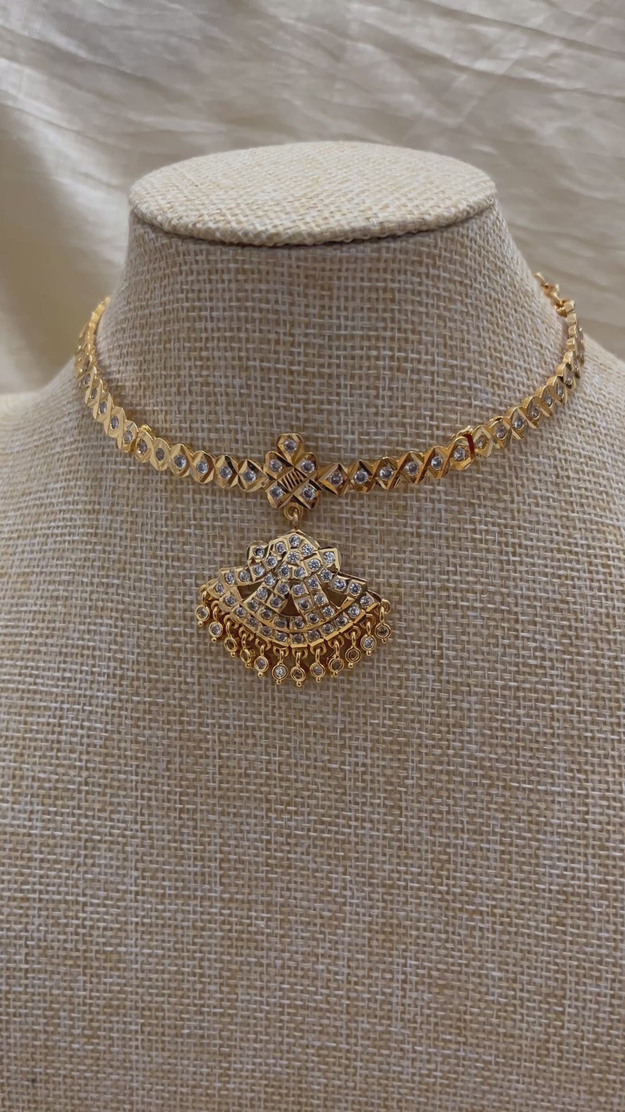 Traditional Gold Plated Attigai Choker Necklace with Intricate Stone Pendant – South Indian Temple Jewellery