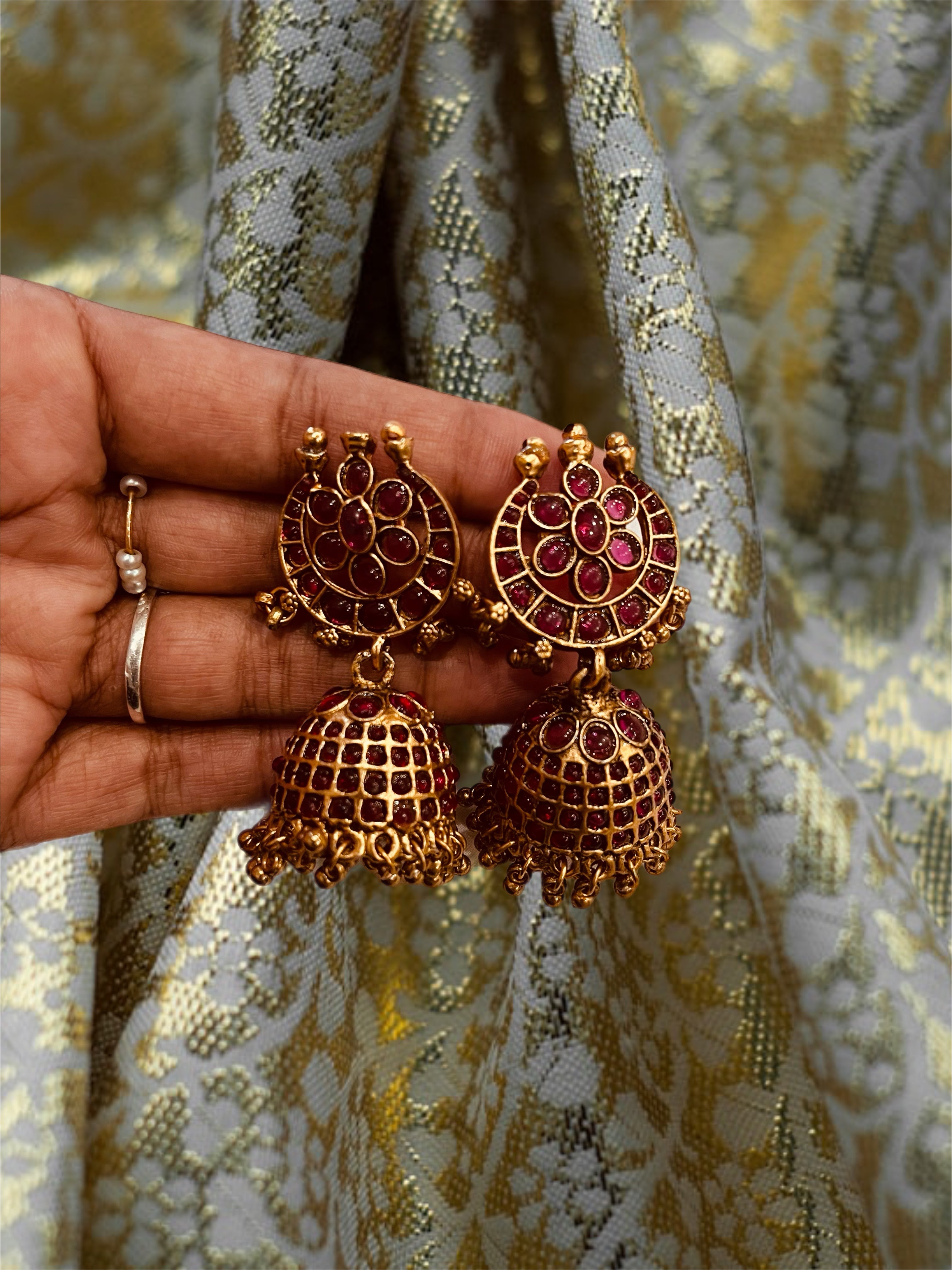 Traditional Gold Plated Ruby Jhumka Earrings | South Indian Temple Jewelry