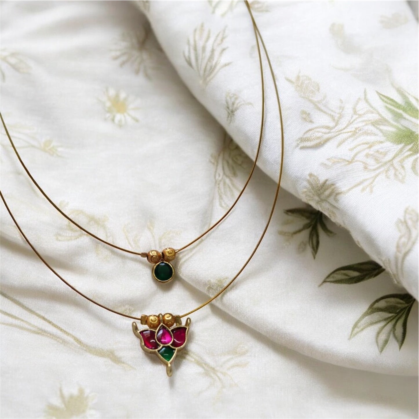 Elegant Gold-Plated Dual Layer Pendant Necklace – Lotus & Emerald Green Design