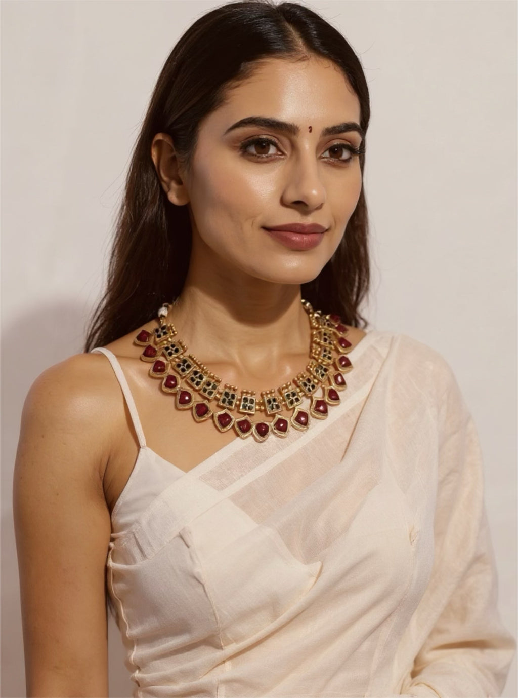 Traditional Gold Plated Temple Jewelry Set with Ruby & Emerald Stones | Necklace & Jhumka Earrings