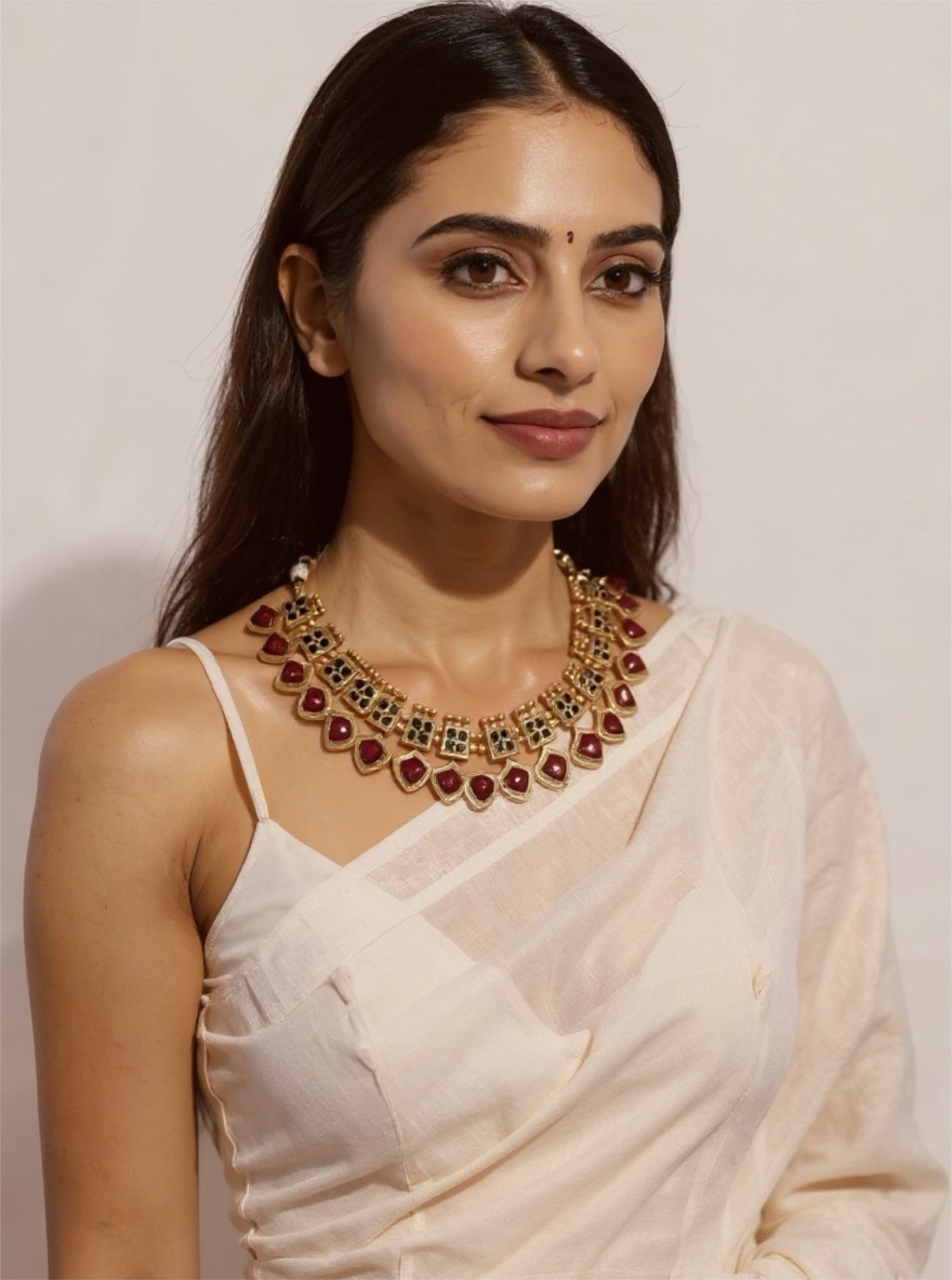 Traditional Gold Plated Temple Jewelry Set with Ruby & Emerald Stones | Necklace & Jhumka Earrings