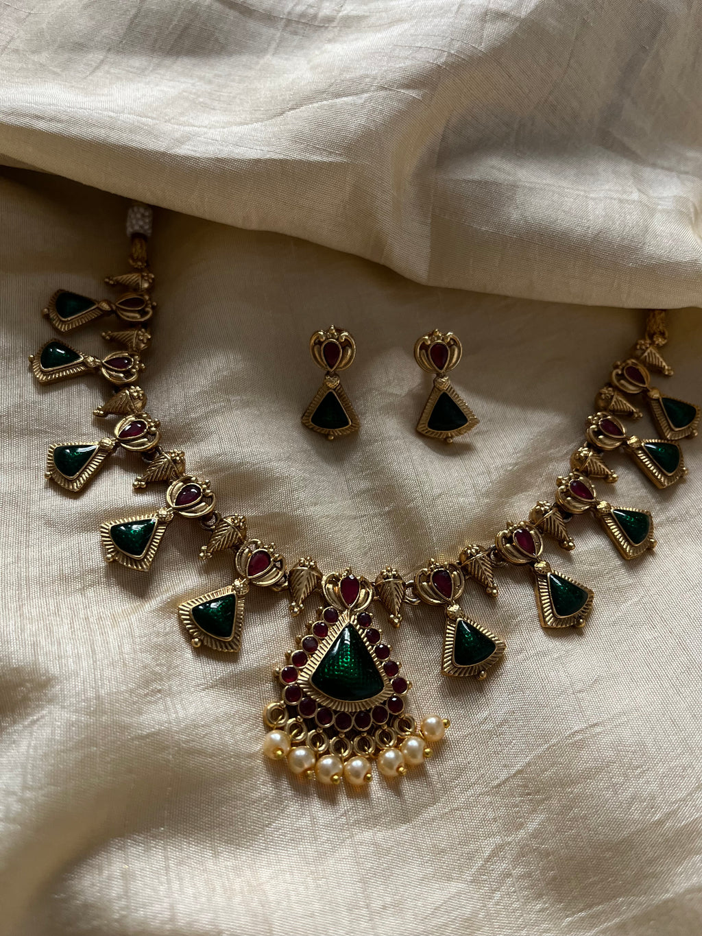 Traditional Gold-Toned Ruby & Emerald Kemp Stone Necklace Set with Pearl Drops - South Indian Temple Jewelry