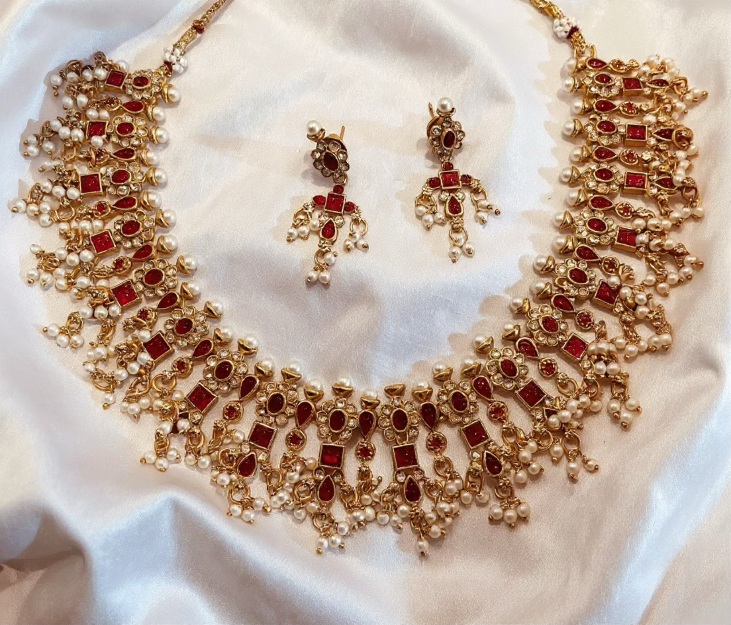 Luxury Bridal Kundan Necklace Set with Red Stones & Pearls – Gold Plated Indian Wedding Jewelry