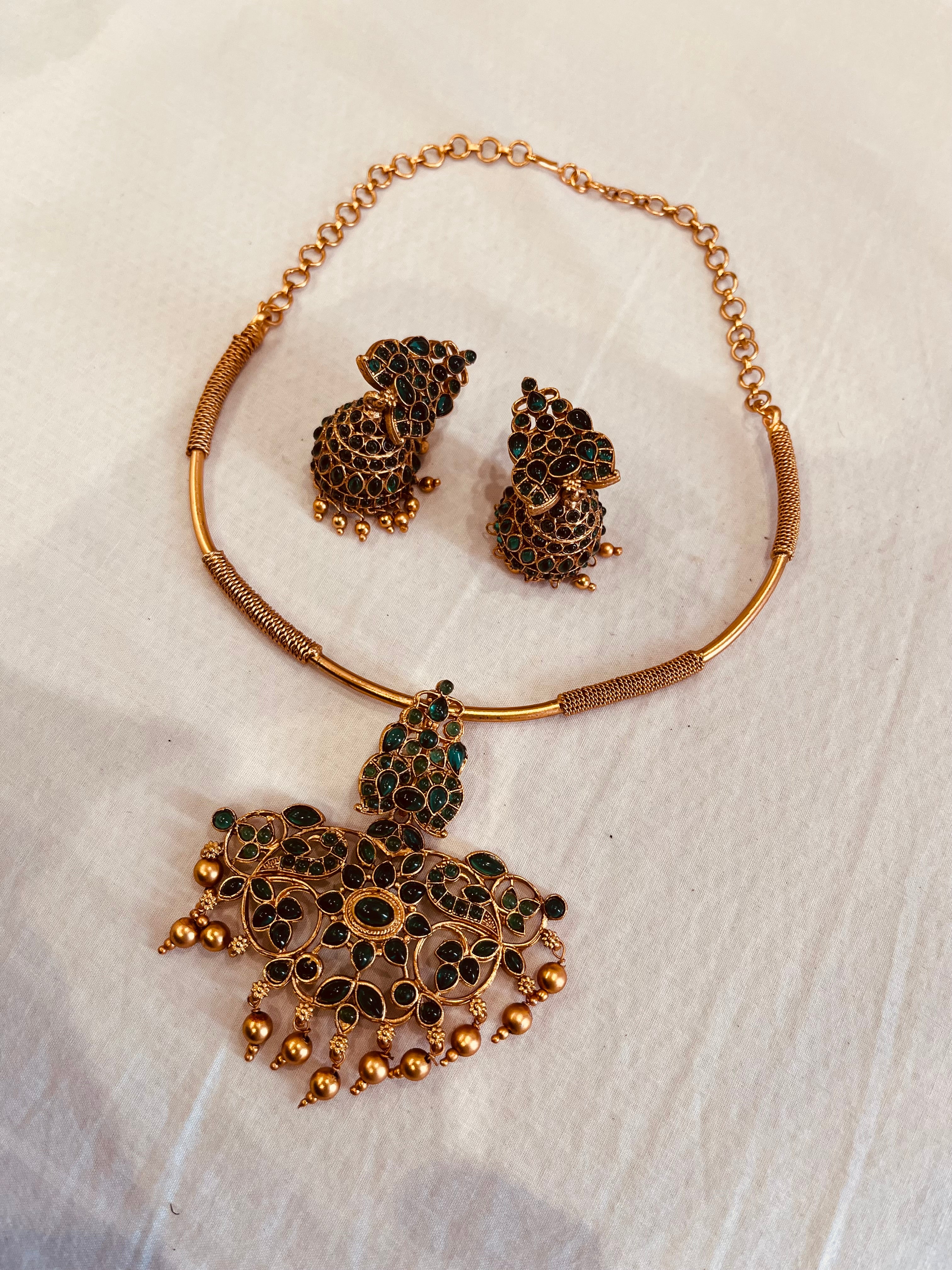 Antique Gold Plated Necklace Set with Green Stones – Traditional Temple Jewelry with Earrings