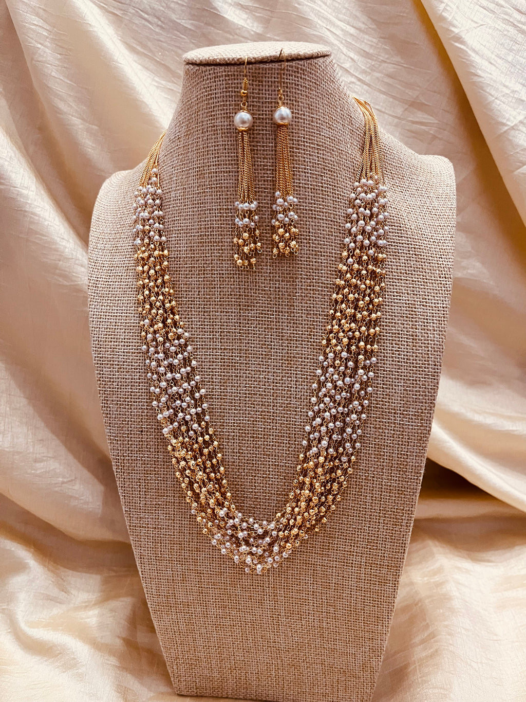 Luxurious Gold & Pearl Multi-Strand Necklace Set