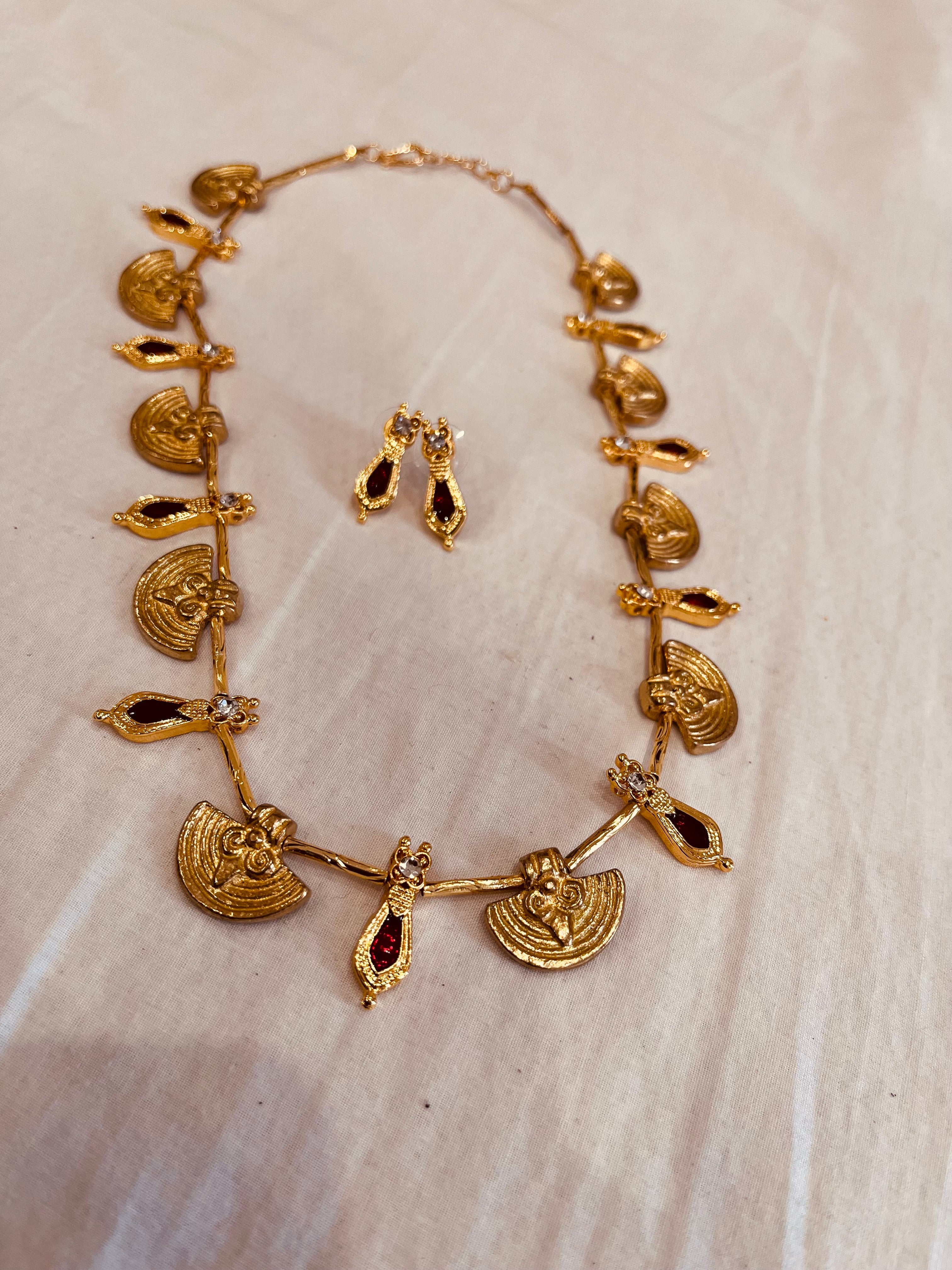 Traditional Gold Plated Necklace Set with Red Stones Nagapadam – Antique Indian Temple Jewelry with Earrings