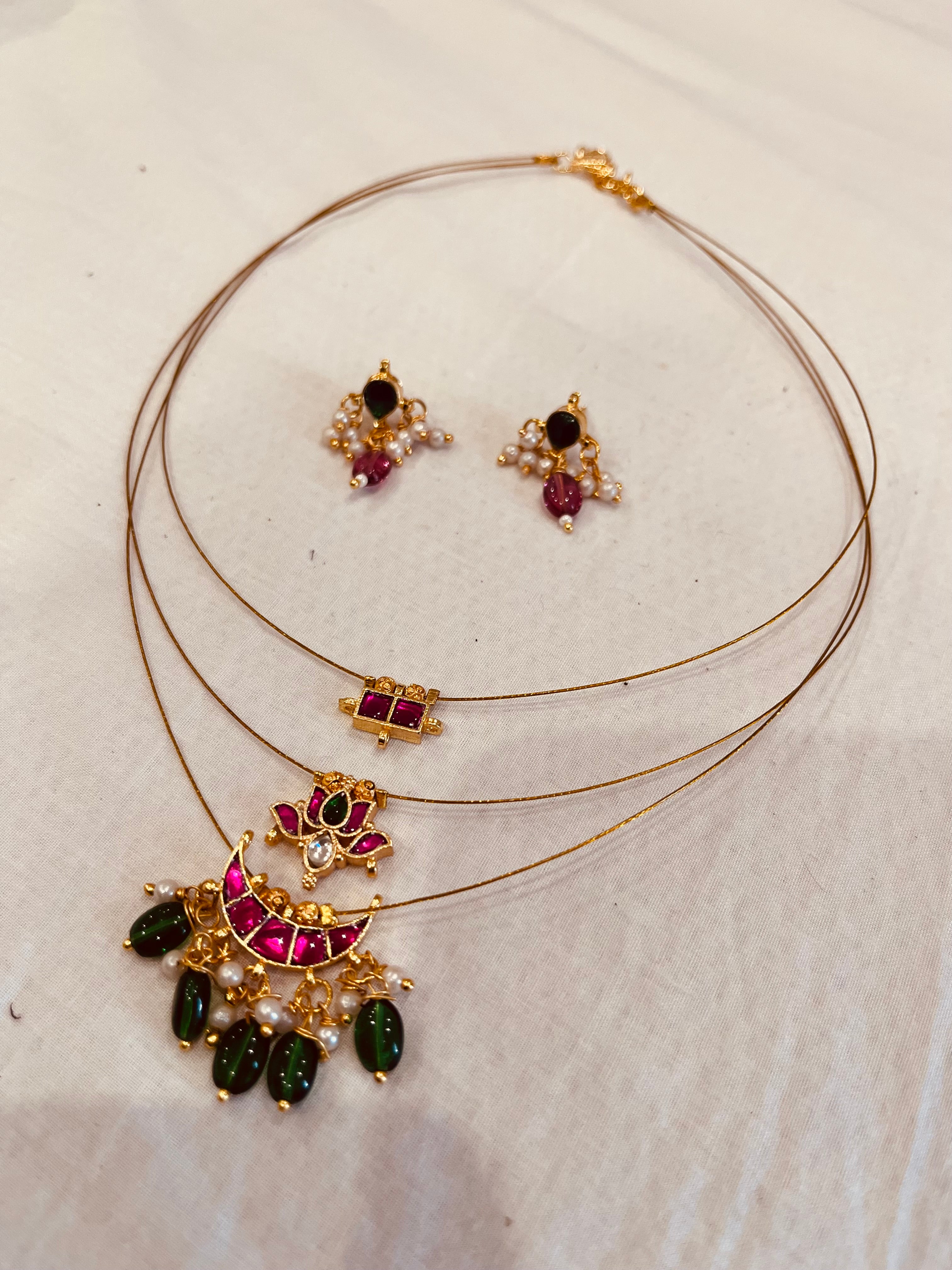 Elegant Layered Kundan Necklace Set with Green & Pink Stones – Gold Plated Indian Jewelry with Earrings