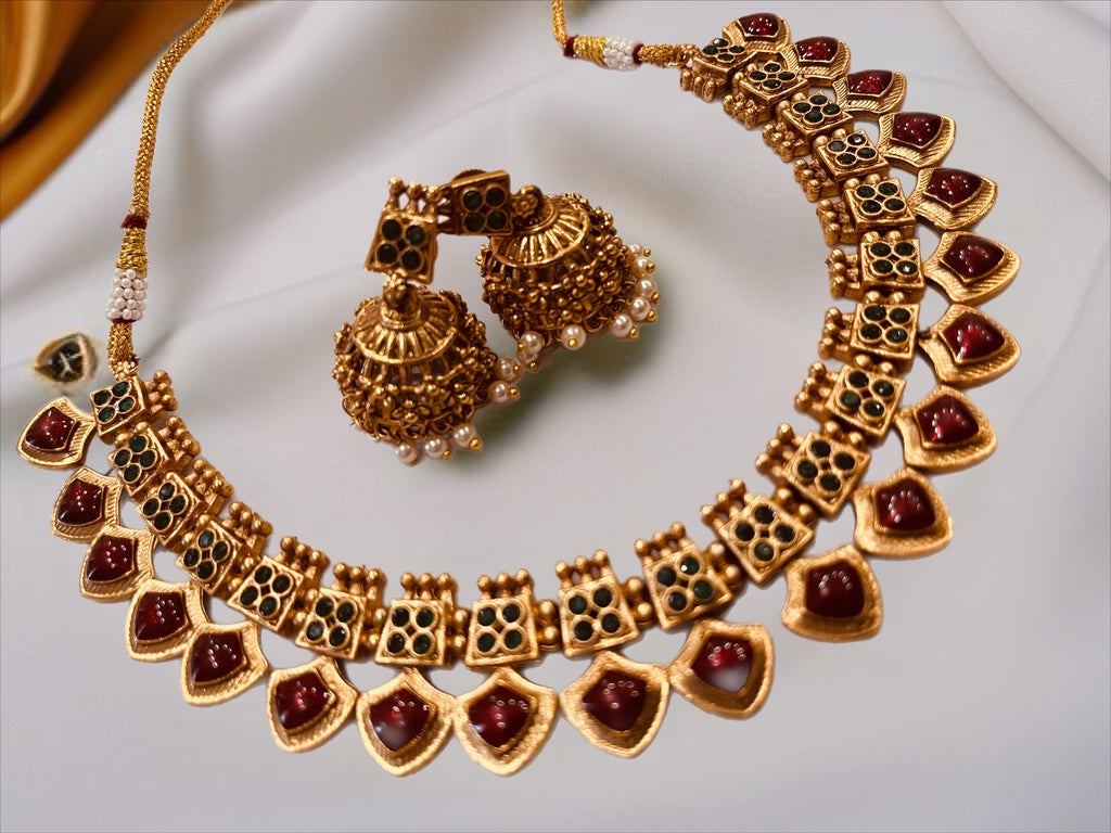 Traditional Gold Plated Temple Jewelry Set with Ruby & Emerald Stones | Necklace & Jhumka Earrings