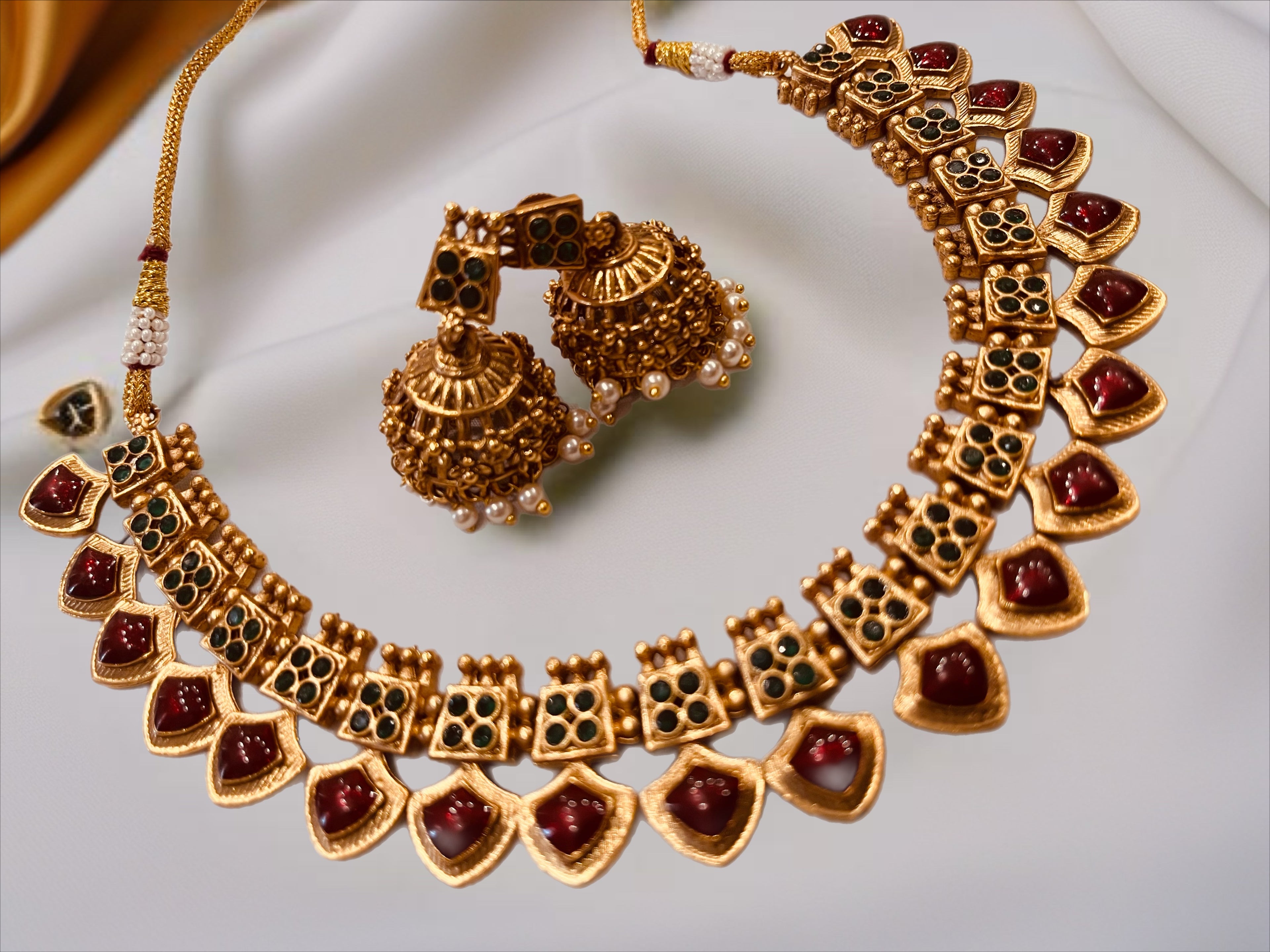 Traditional Gold Plated Temple Jewelry Set with Ruby & Emerald Stones | Necklace & Jhumka Earrings