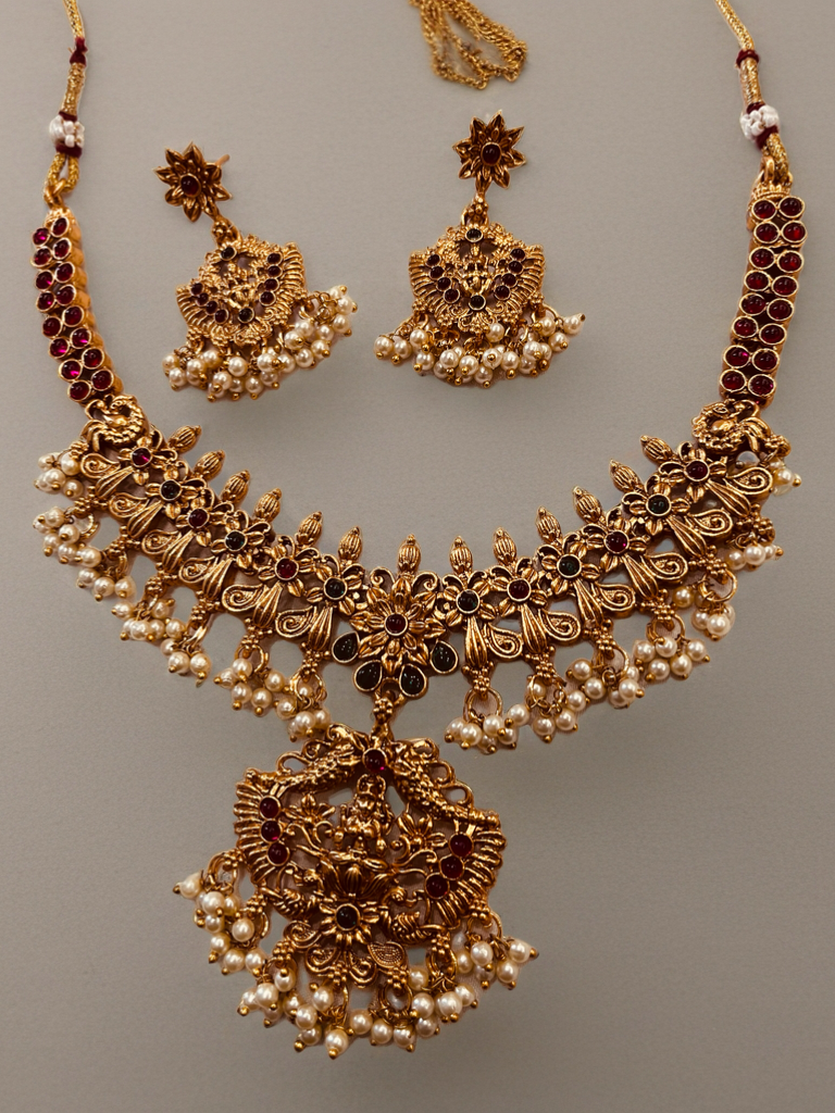 Kerala Temple Jewelry Gold Plated Necklace Set with Pearls & Red Stones – Traditional Bridal Indian Jewelry