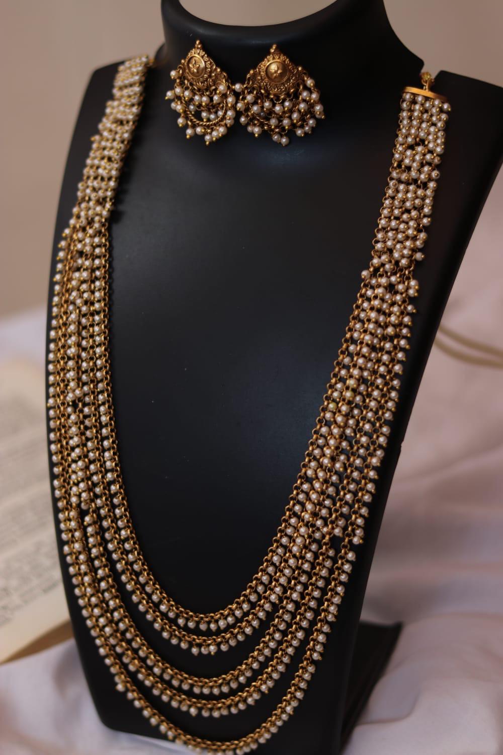 Traditional Multi-Layer Pearl Beaded Necklace Set with Matching Earrings