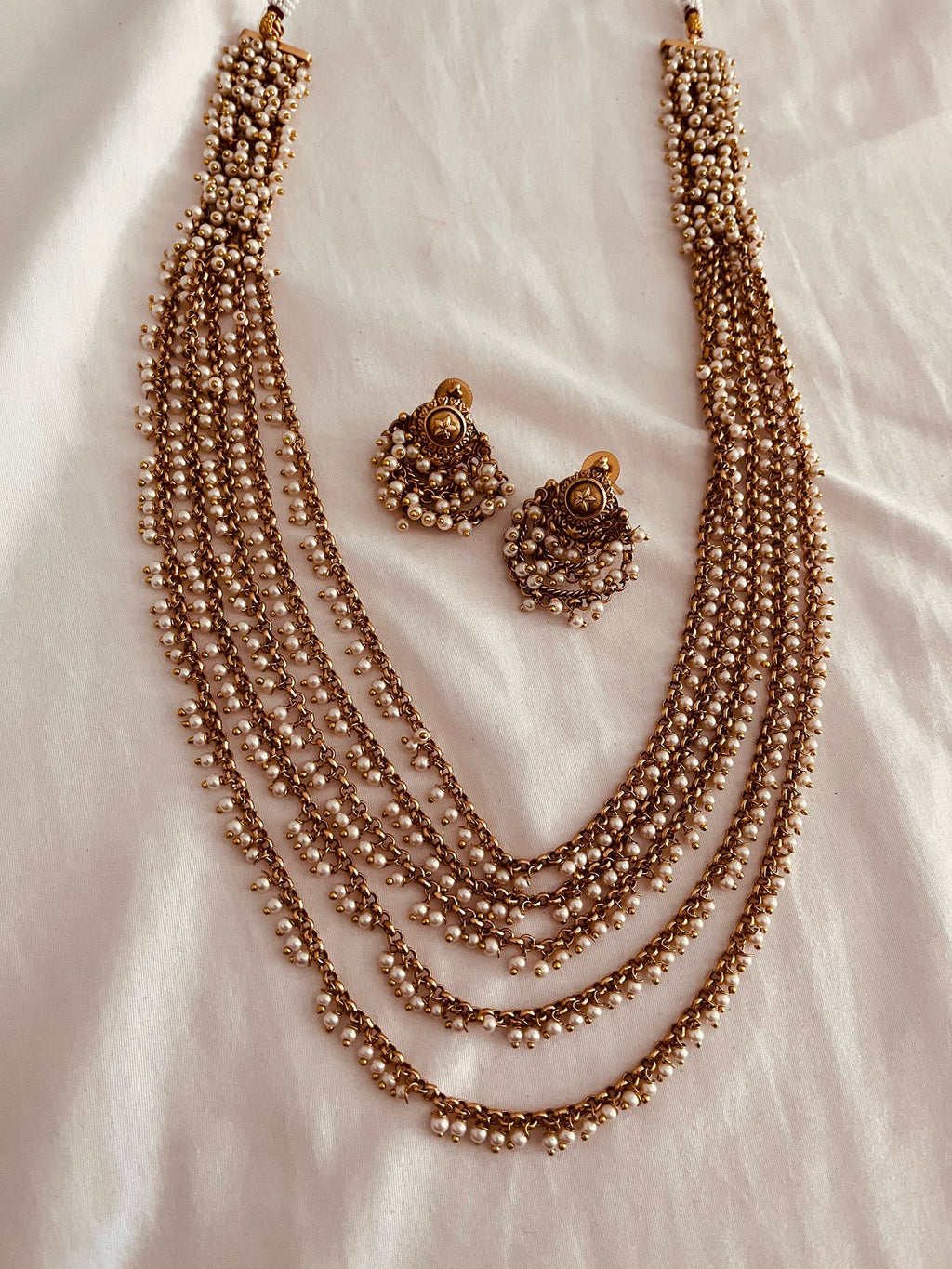 Traditional Multi-Layer Pearl Beaded Necklace Set with Matching Earrings