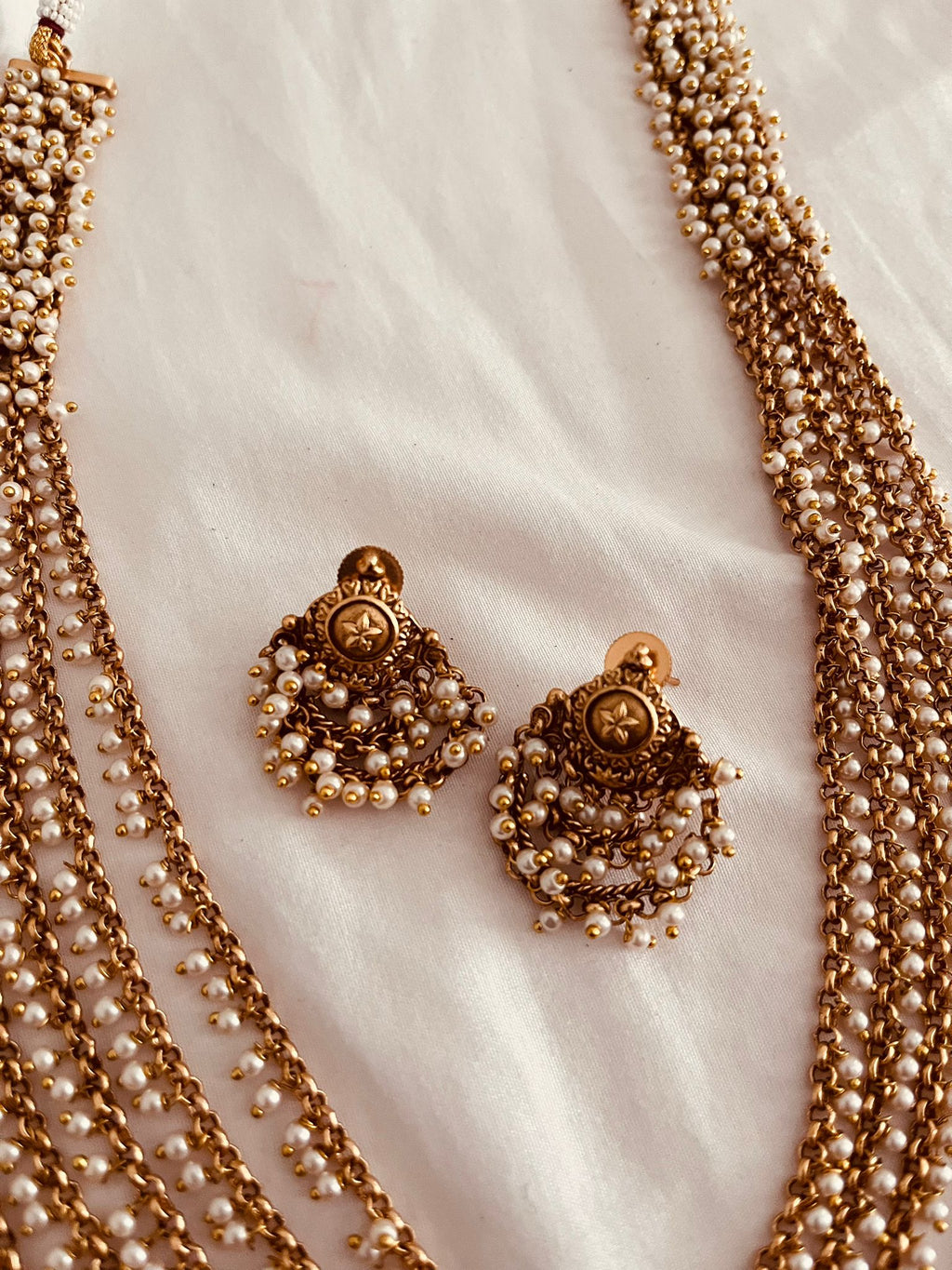 Traditional Multi-Layer Pearl Beaded Necklace Set with Matching Earrings