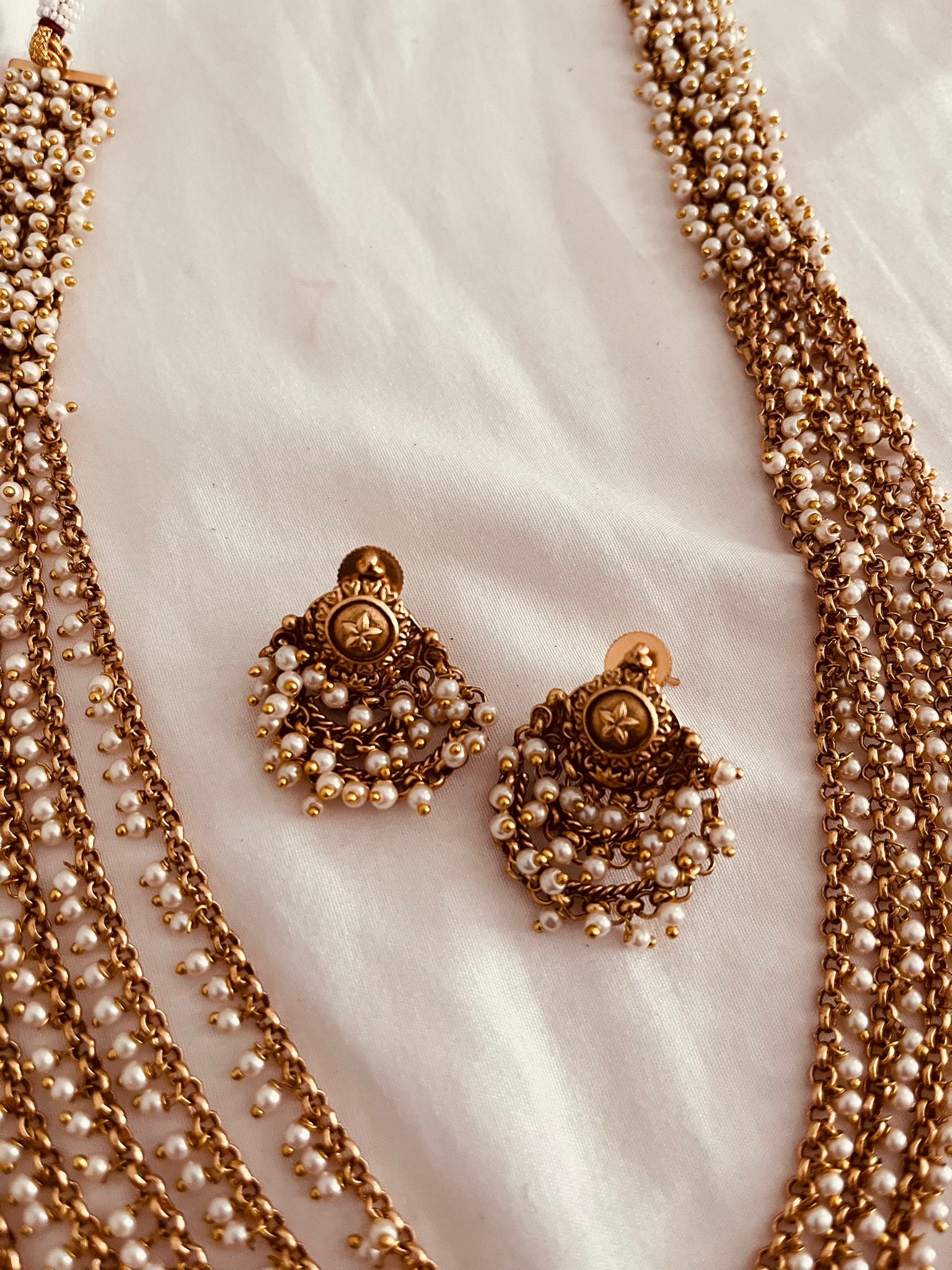 Traditional Multi-Layer Pearl Beaded Necklace Set with Matching Earrings