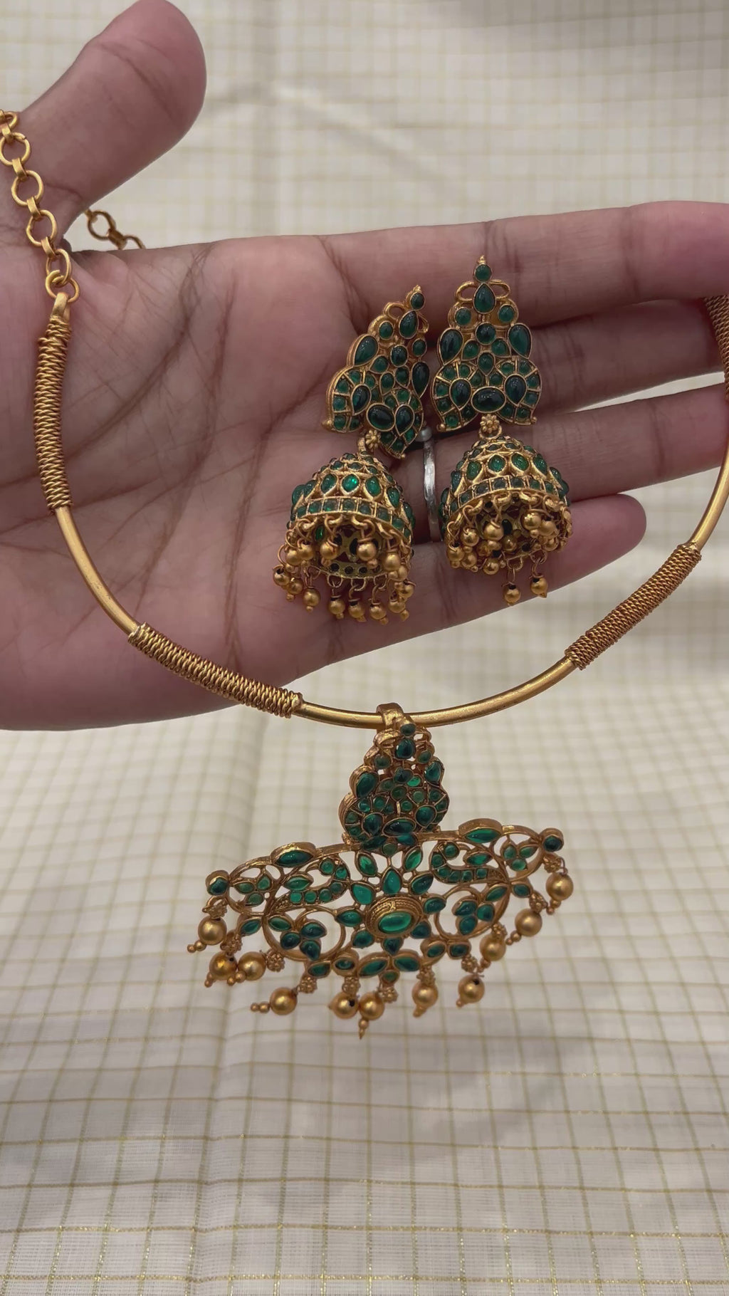 Antique Gold Plated Necklace Set with Green Stones – Traditional Temple Jewelry with Earrings
