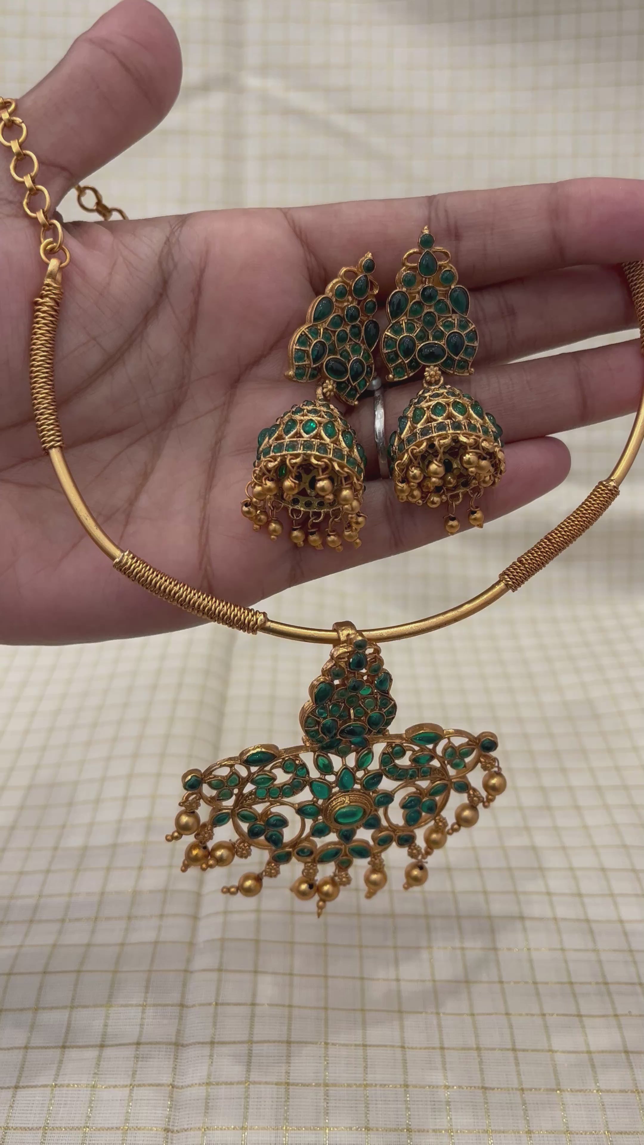 Antique Gold Plated Necklace Set with Green Stones – Traditional Temple Jewelry with Earrings
