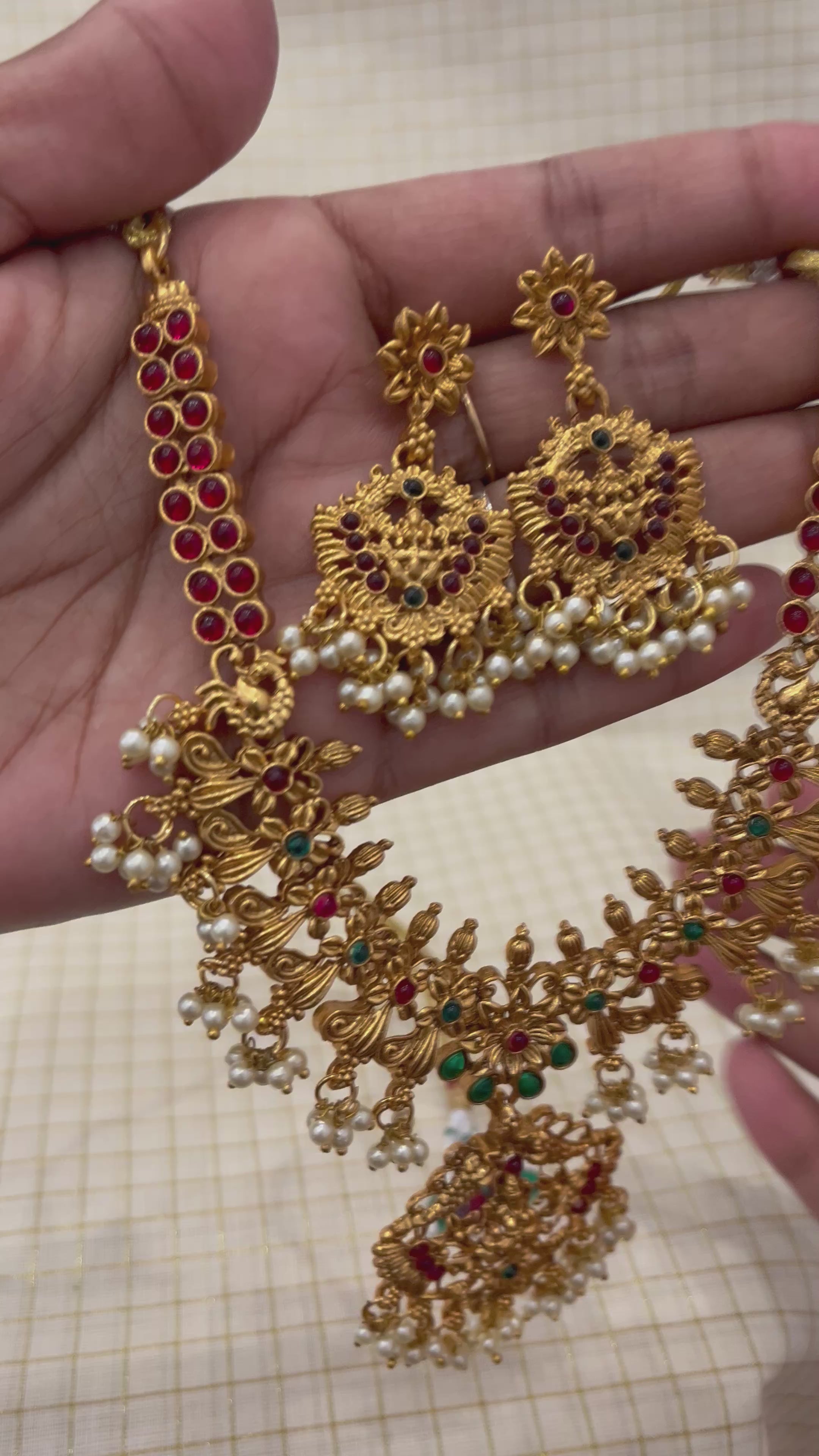 Kerala Temple Jewelry Gold Plated Necklace Set with Pearls & Red Stones – Traditional Bridal Indian Jewelry
