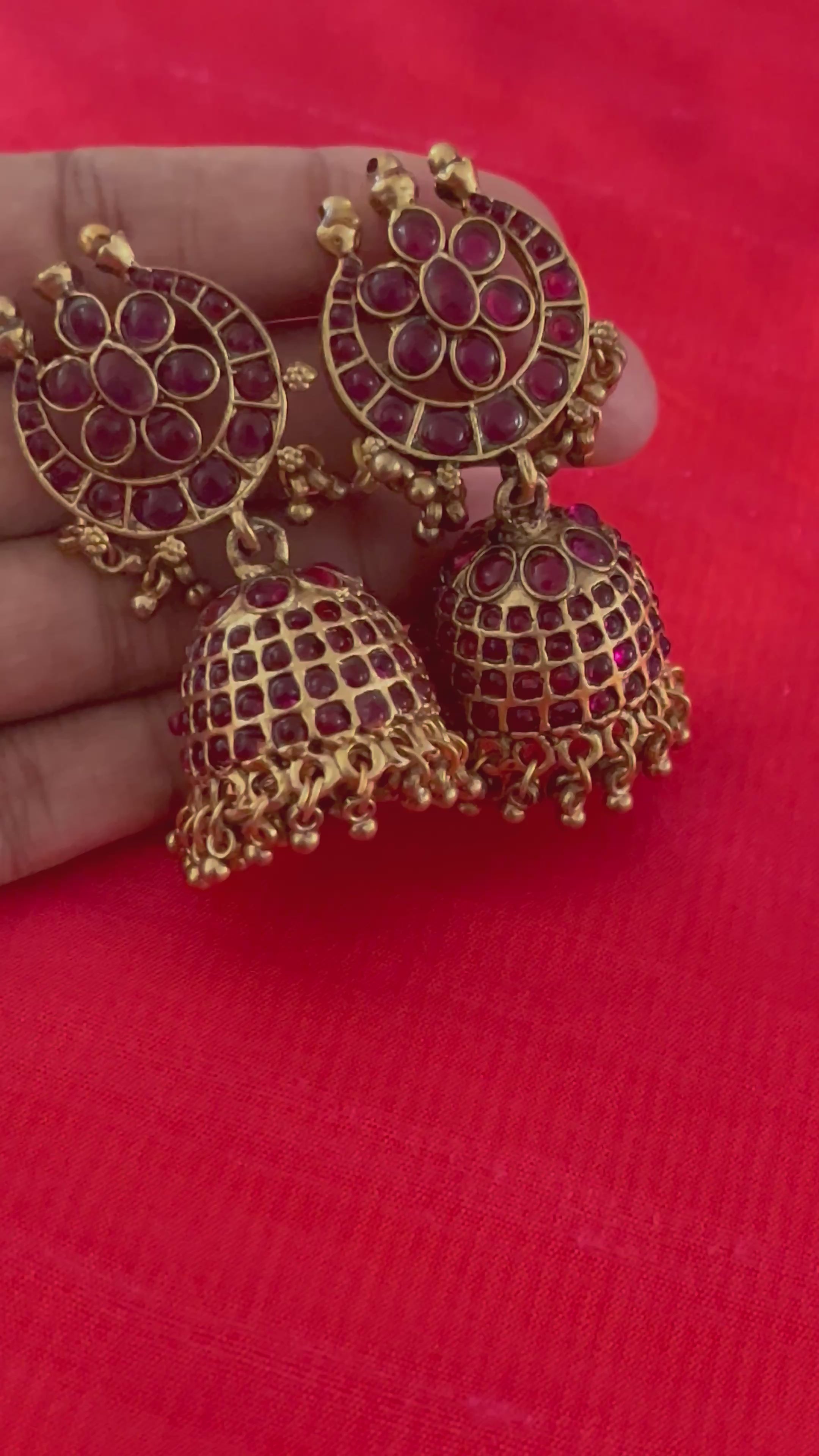 Traditional Gold Plated Ruby Jhumka Earrings | South Indian Temple Jewelry